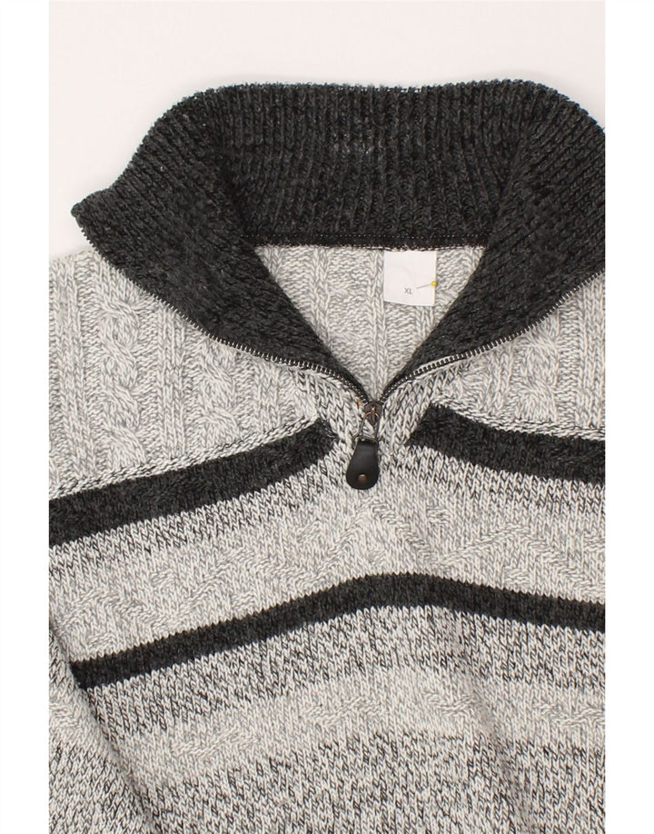 VINTAGE Mens Zip Neck Jumper Sweater XL Grey Striped Polyacrylic Vintage Vintage and Second-Hand Vintage from Messina Hembry 