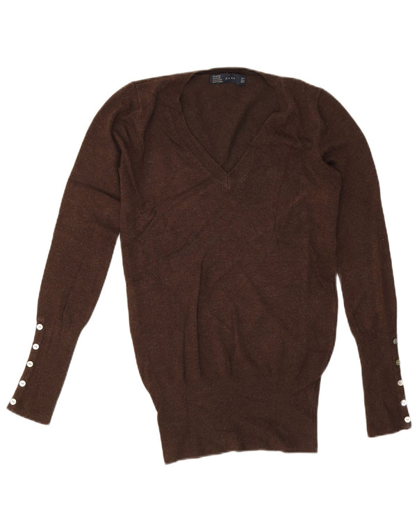 Zara Womens V-Neck Jumper Sweater UK 12 Medium Brown Rayon