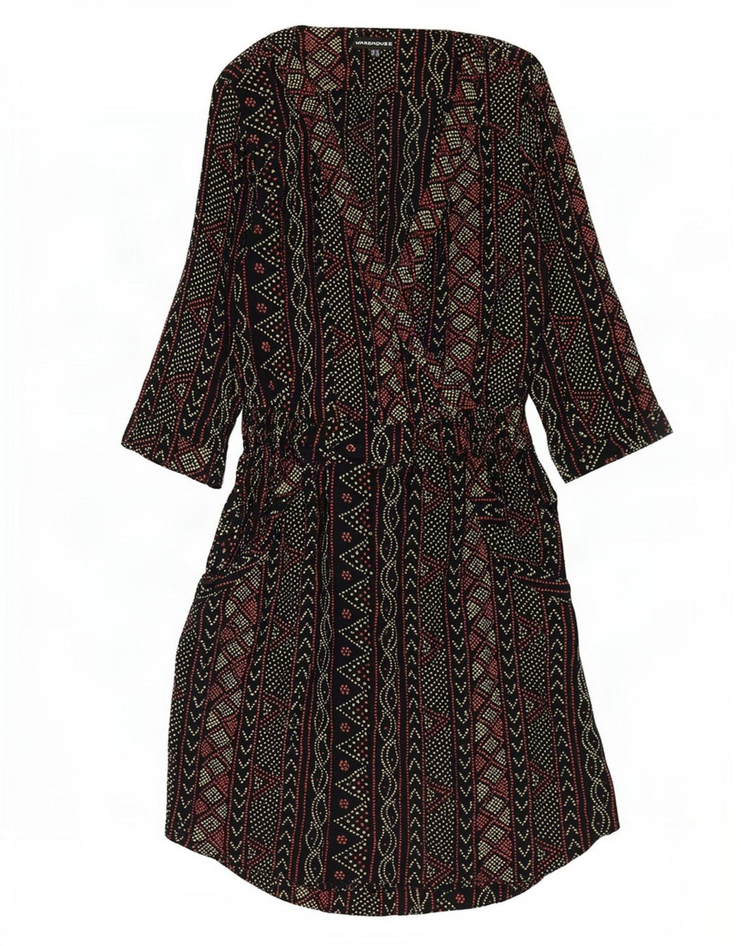 Abito impero da donna con maniche a 3/4 Warehouse UK 12 medio nero geometrico