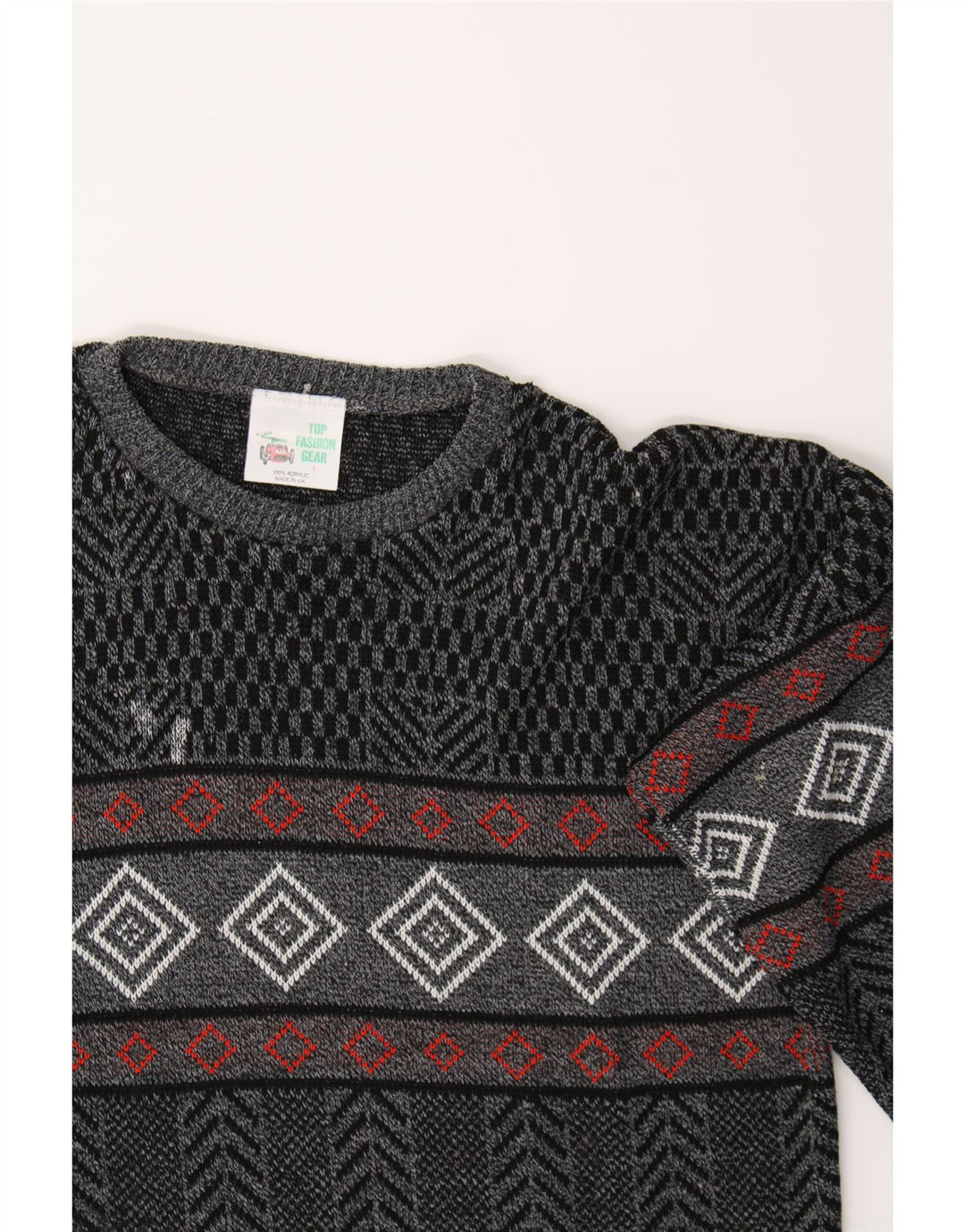 VINTAGE Mens Crew Neck Jumper Sweater Large Black Argyle/Diamond Acrylic Vintage Vintage and Second-Hand Vintage from Messina Hembry 