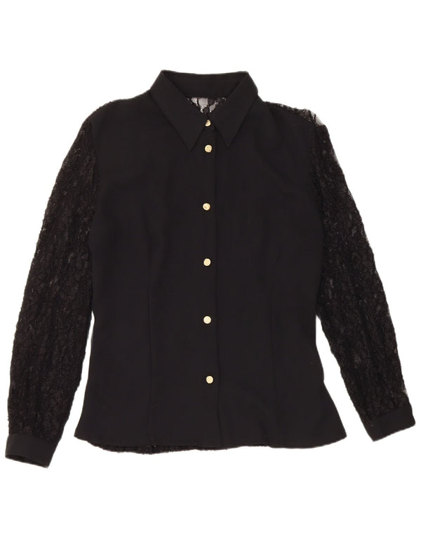 Camicetta camicia di pizzo vintage da donna UK 10 piccolo poliestere floreale nero