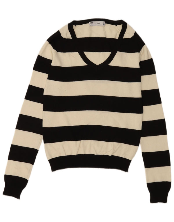 Maglione Zara da donna con scollo a V UK 12 cotone a righe nere medie