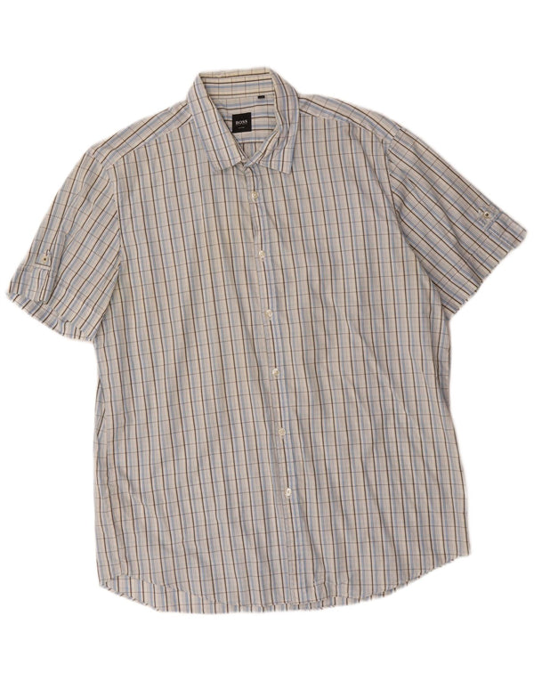 Hugo Boss Mens Short Sleeve Shirt XL Blue Check Cotton