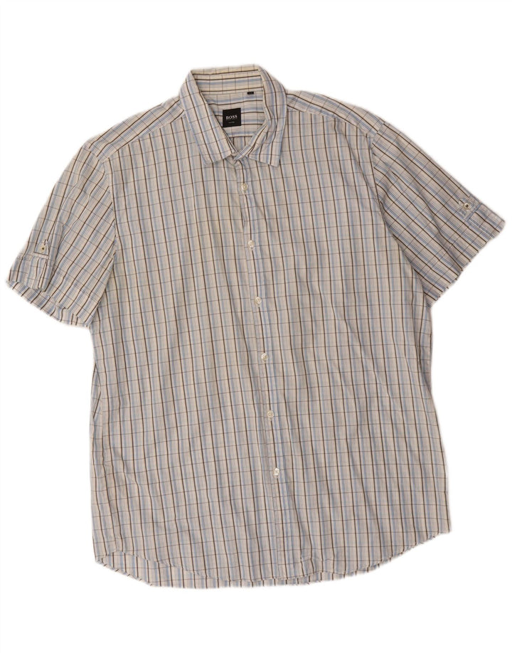 Camicia a maniche corte da uomo Hugo Boss XL in cotone a quadri blu