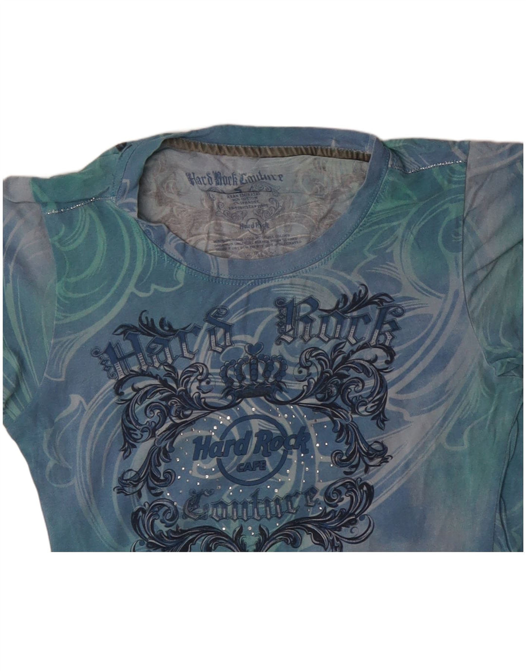 HARD ROCK CAFE T-shirt grafica da donna Couture Top UK 8 Small Blue Tie Dye