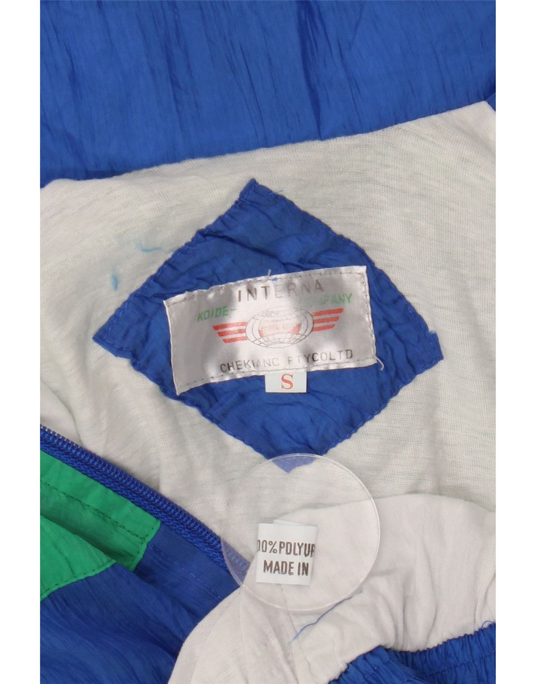 Giacca da ginnastica vintage da uomo piccola in poliuretano color block blu retrò
