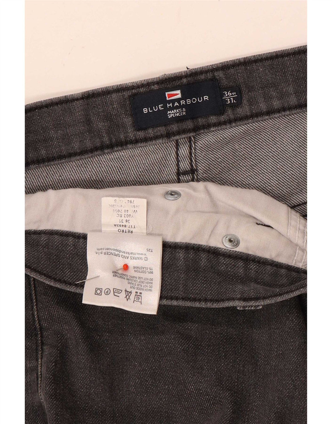Jeans dritti da uomo Marks & Spencer blu Harbour W36 L31 cotone grigio