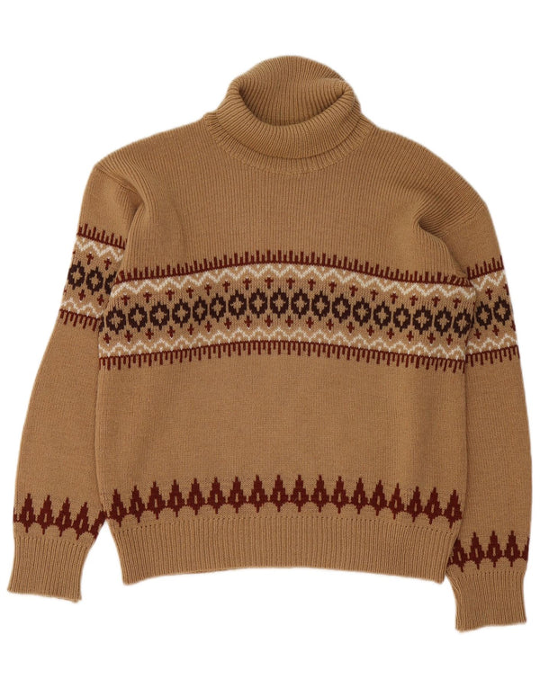 Maglione maglione vintage da donna con collo alto UK 14 Marrone medio Fair Isle