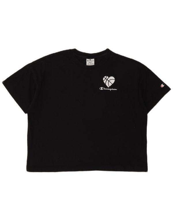 CHAMPION T-shirt grafica oversize corta da donna Top UK 10 Small Nera