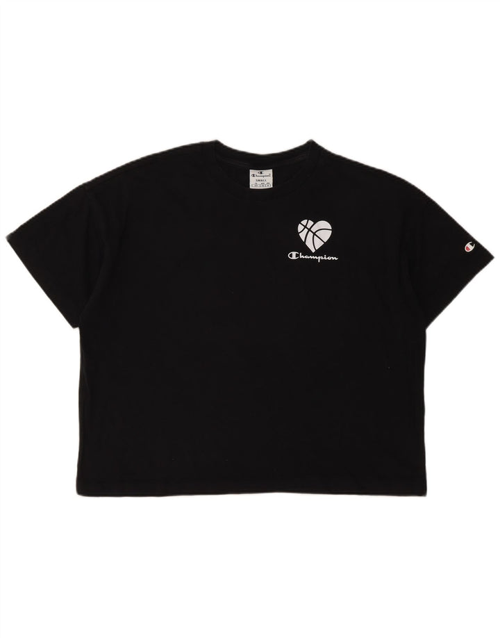 CHAMPION T-shirt grafica oversize corta da donna Top UK 10 Small Nera