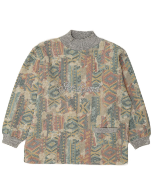 Maglione in pile grafico da donna vintage UK 14 Grande motivo geometrico multicolore