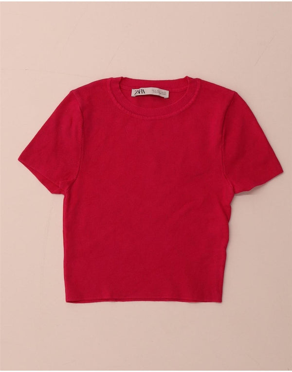 ZARA Maglione Corto da Donna Girocollo a Maniche Corte UK 8 Piccolo Rosa