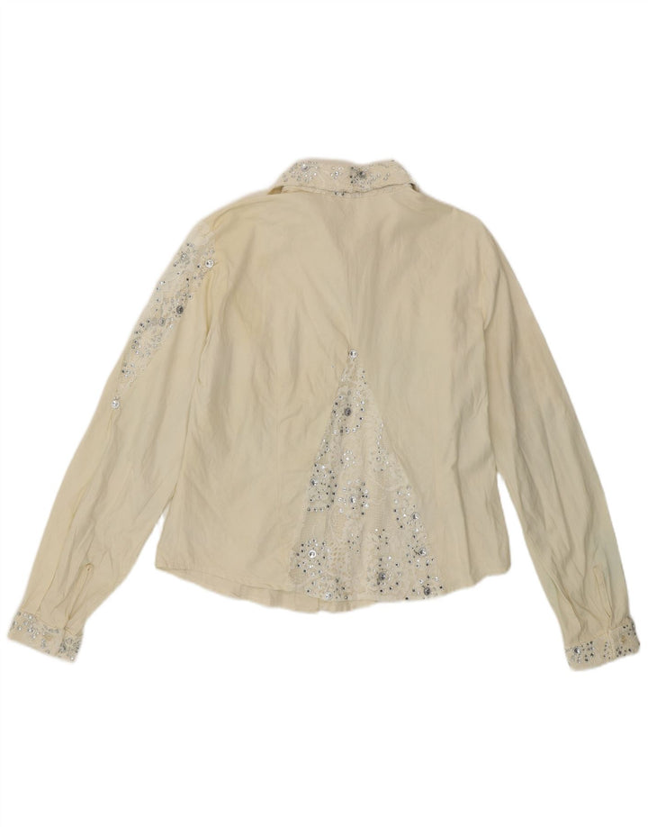 Camicetta camicia vintage da donna UK 12 medio bianco sporco floreale