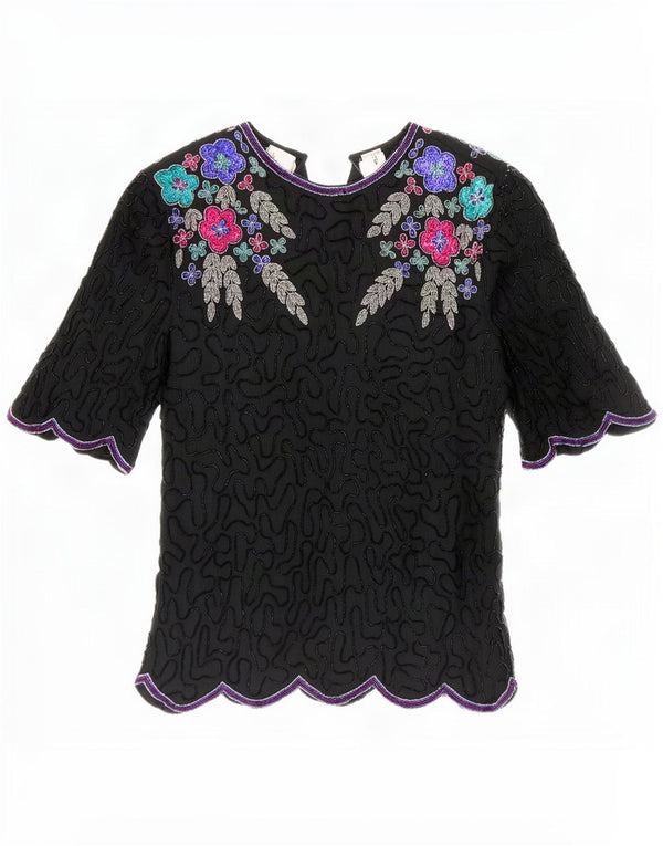 Laurence Kozar Camicetta da donna Top UK 14 Grande seta floreale nera