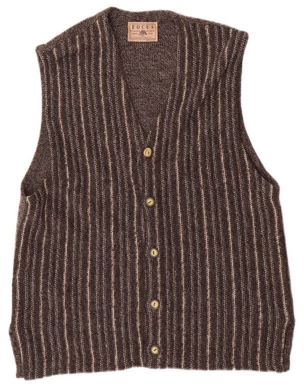 Maglione cardigan senza maniche vintage da uomo in lana a righe grigio medio