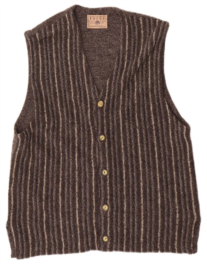 Maglione cardigan senza maniche vintage da uomo in lana a righe grigio medio