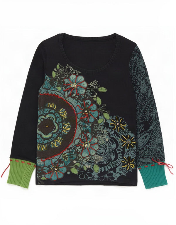 Desigual Donna Graphic Top Manica Lunga UK 14 Grande Blu Navy Floreale