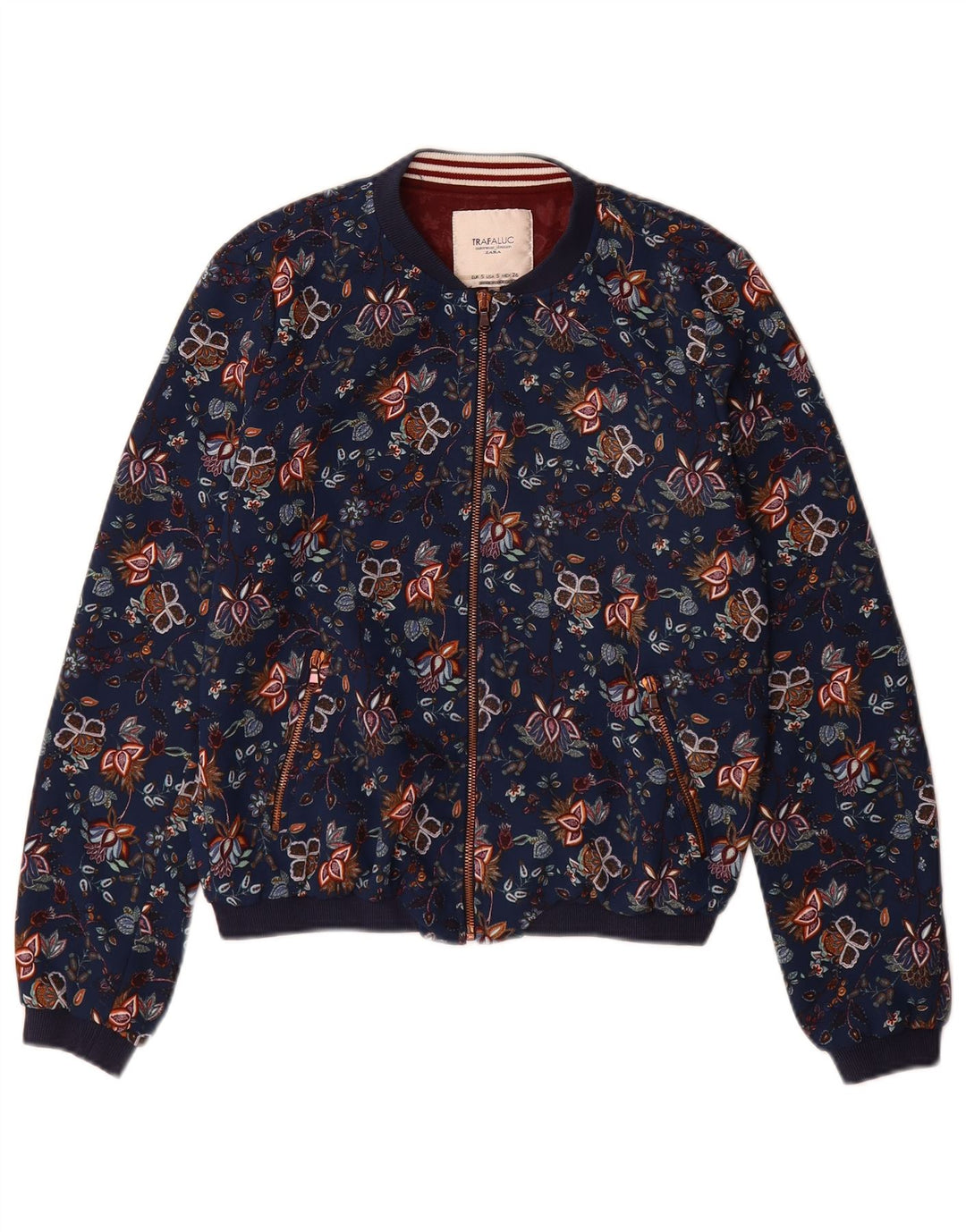 Giubbotto bomber Trafaluc da donna Zara UK 10 piccolo poliestere floreale blu navy