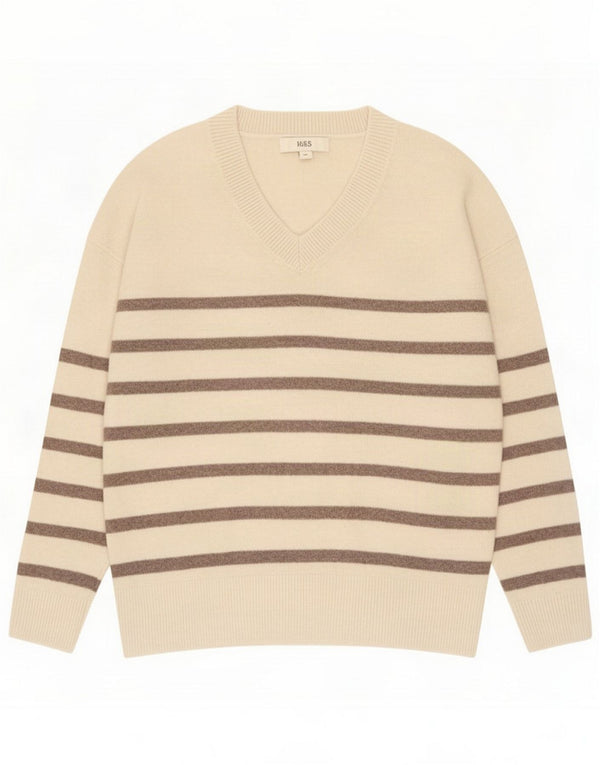 Marks & Spencer Maglione da donna con scollo a V UK 14 Beige medio a righe