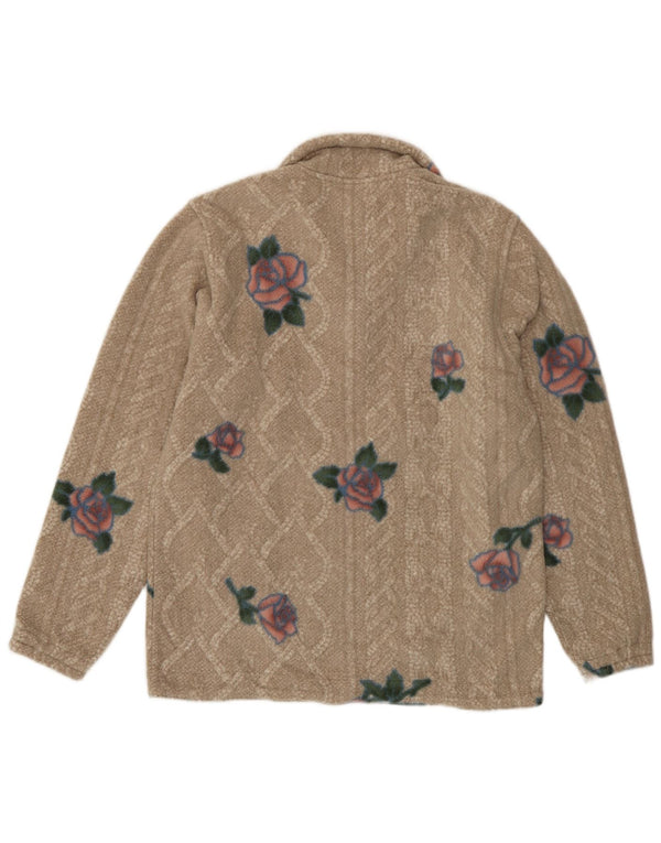 Maglione in pile da donna vintage con collo a bottoni UK 14 Beige medio floreale