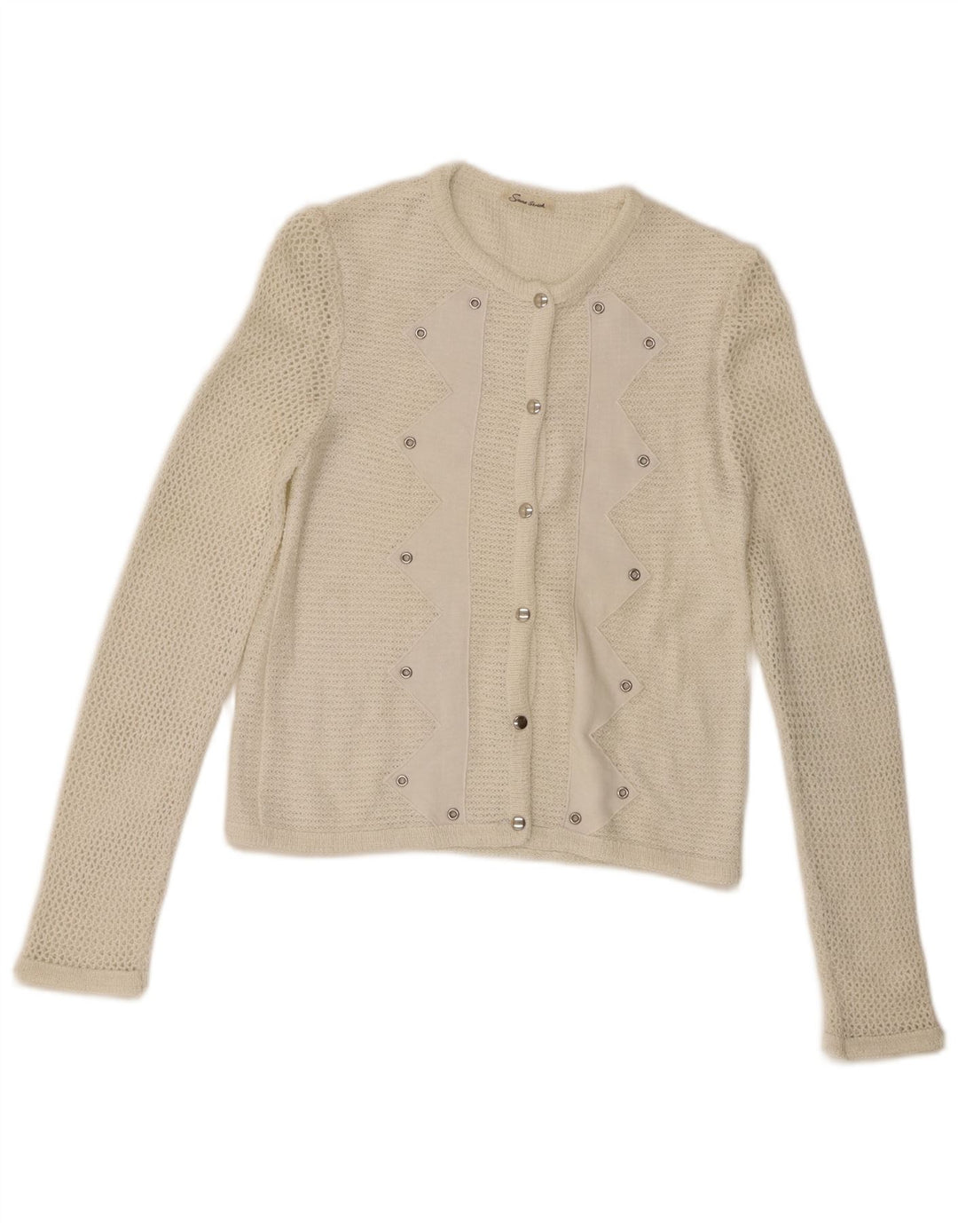 Maglione cardigan da donna vintage UK 10 piccolo poliacrilico bianco