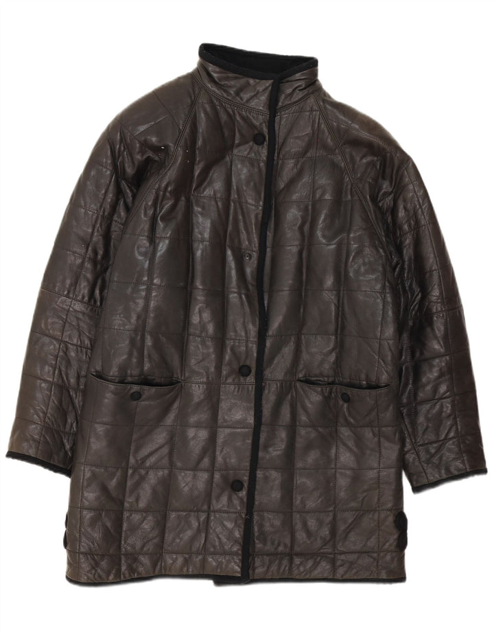 Cappotto in pelle imbottito da donna vintage UK 12 medio nero