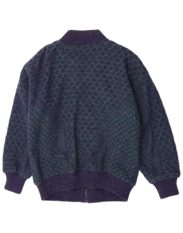 Giubbotto bomber lavorato a maglia da uomo vintage UK 38 Retro acrilico geometrico blu medio