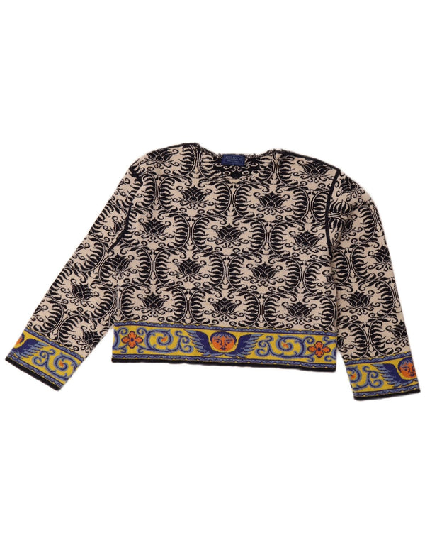 Camicetta a maniche lunghe corta da donna vintage UK 14 Paisley medio bianco sporco