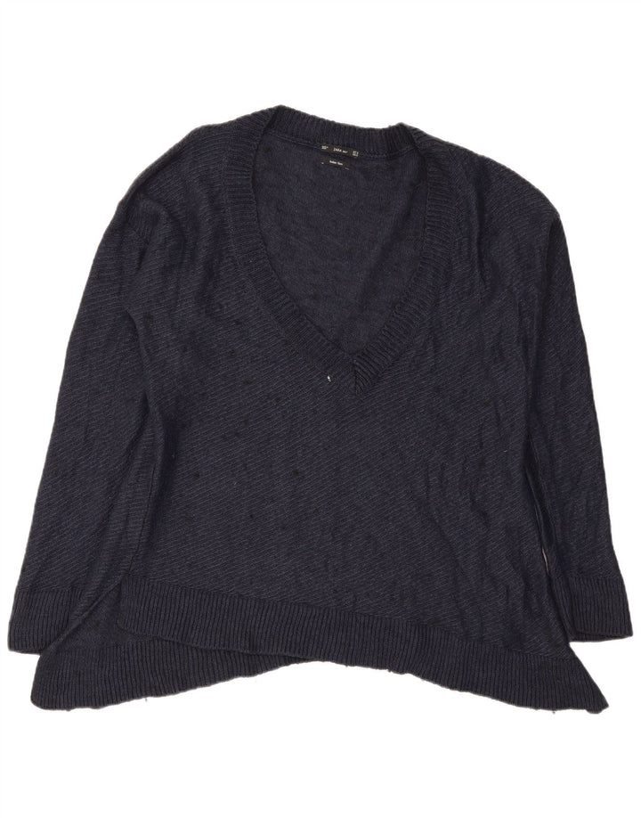 Maglione oversize con scollo a V da donna Zara UK 14 blu navy medio chiazzato