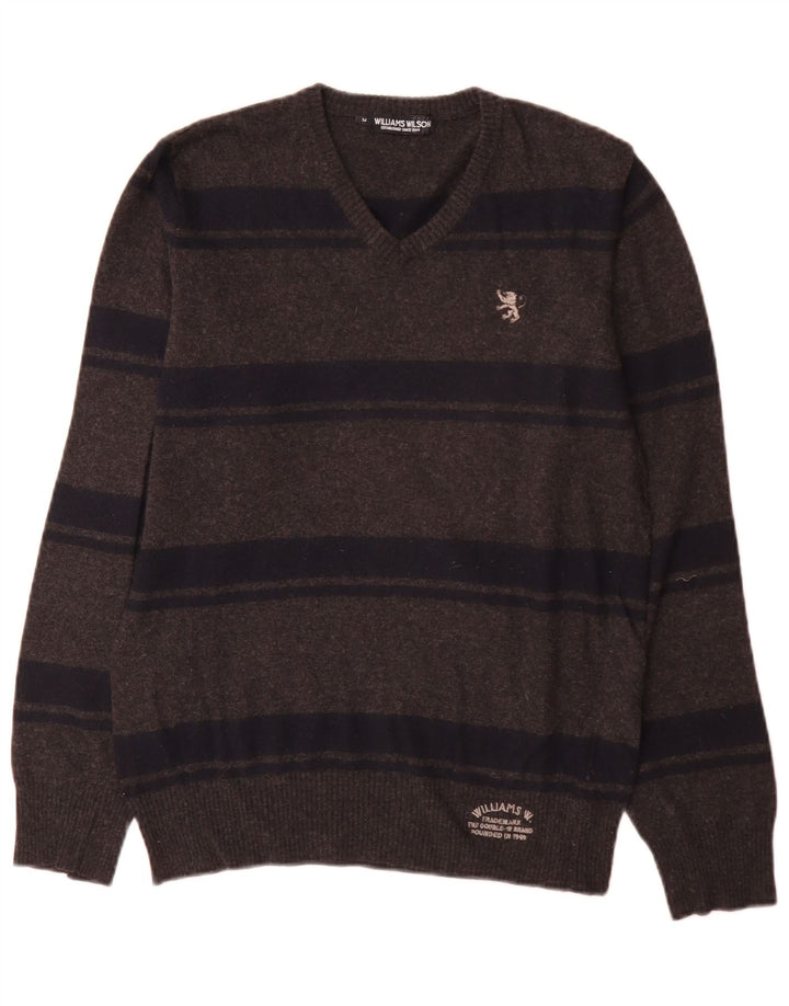 Williams Wilson Maglione da uomo con scollo a V in lana merino a righe grigio medio