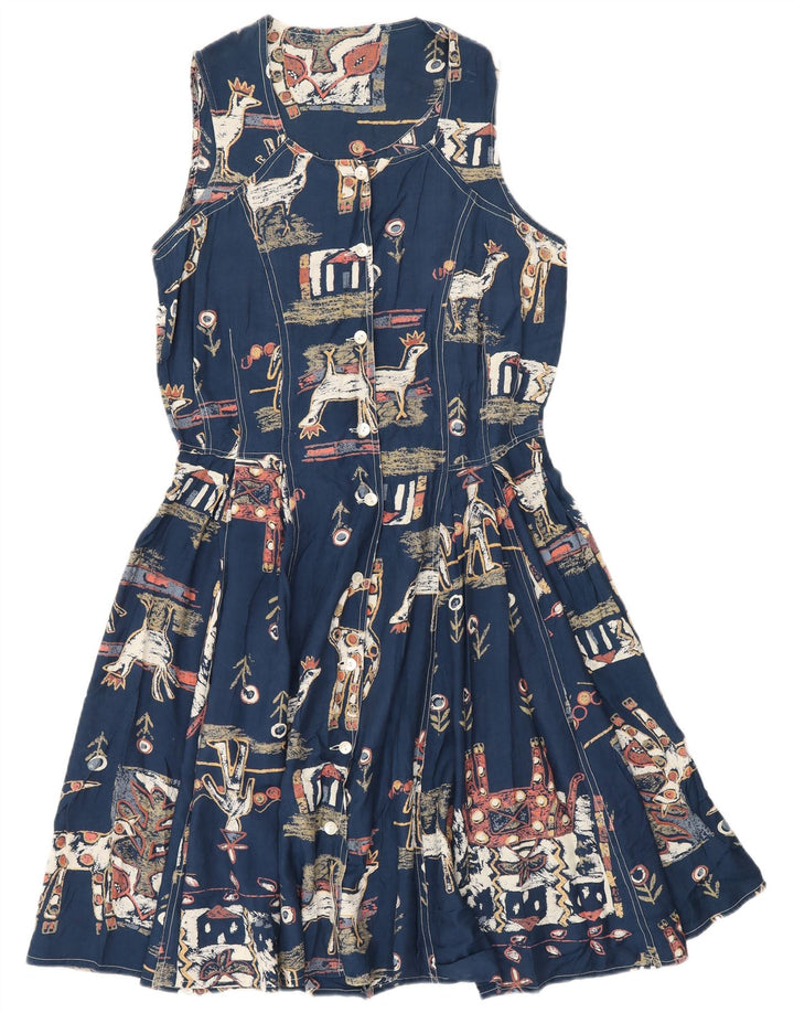 Abito a trapezio vintage da donna con motivo astratto UK 12 blu navy medio
