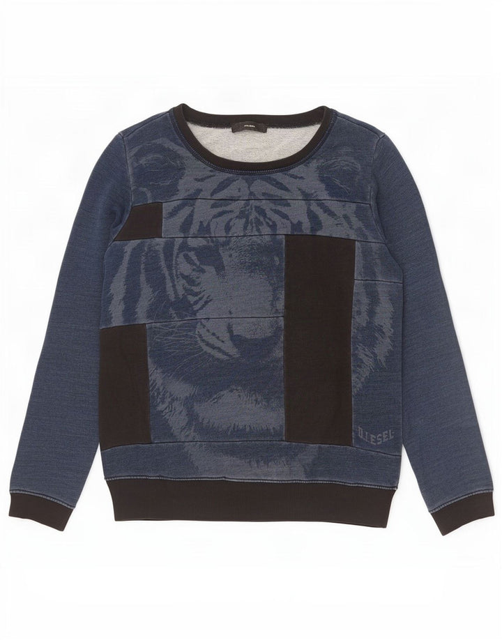 Diesel Mens Graphic Sweatshirt Jumper Small Navy Blue Colourblock Cotton