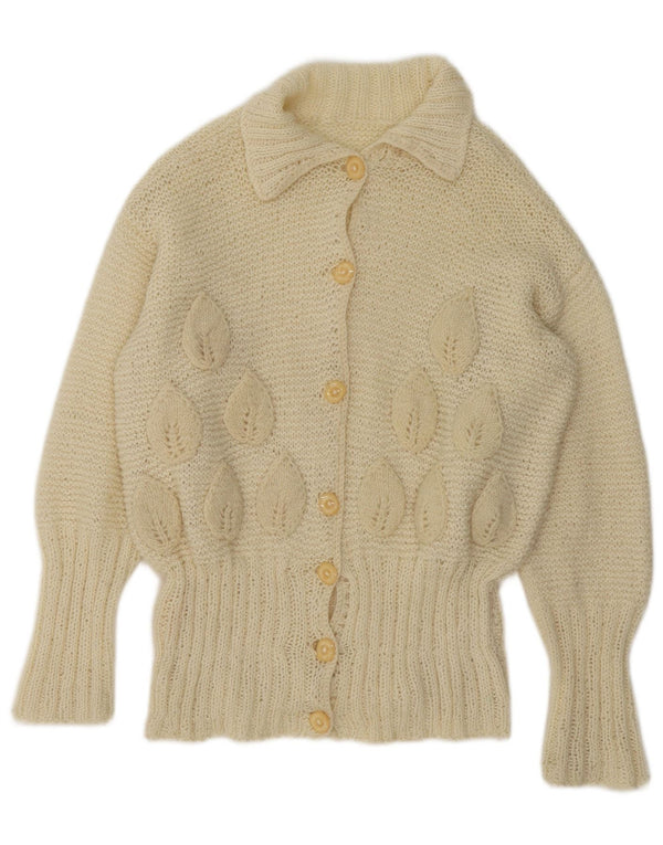Maglione cardigan da donna vintage UK 16 grande floreale bianco sporco