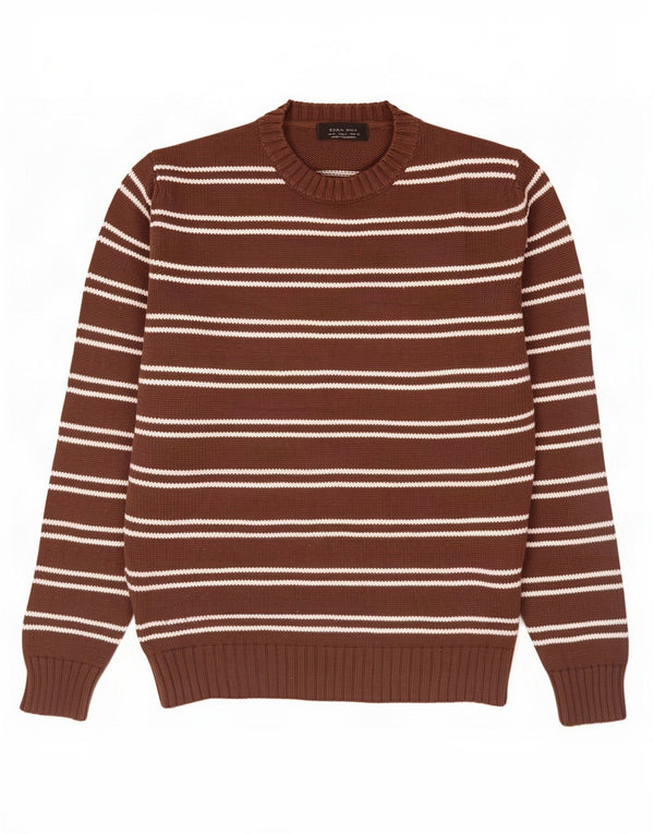 Maglione maglione girocollo da uomo Zara in cotone a righe marrone medio
