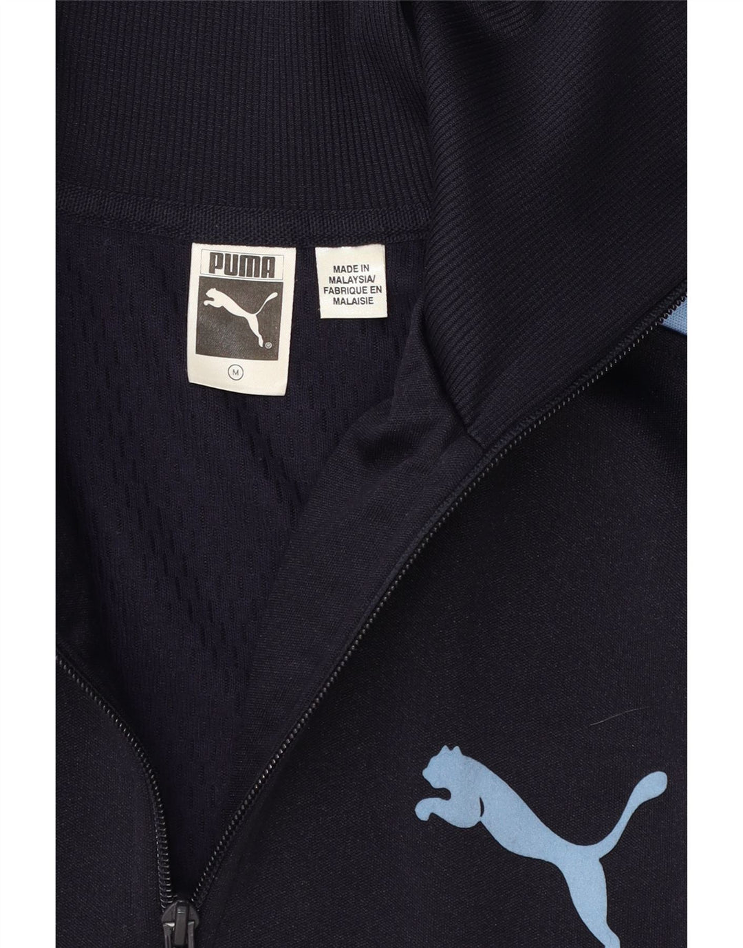 PUMA Mens Graphic Zip Neck Sweatshirt Jumper Medium Navy Blue Colourblock Vintage Puma and Second-Hand Puma from Messina Hembry 