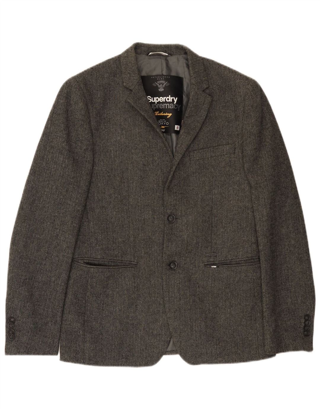 Giacca blazer da uomo a 2 bottoni Superdry UK 38 grigio medio a spina di pesce