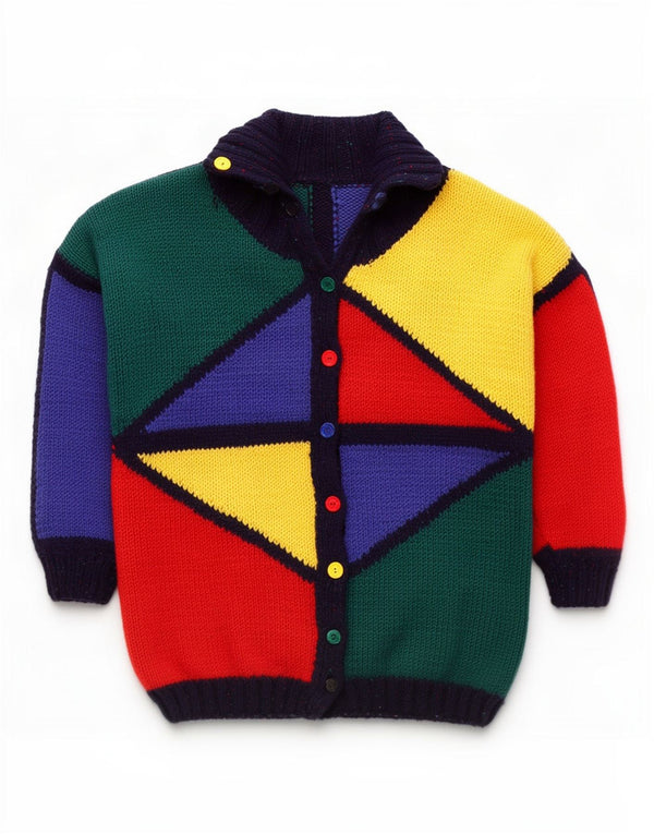 Maglione cardigan lungo da donna vintage UK 20 2XL multicolore geometrico