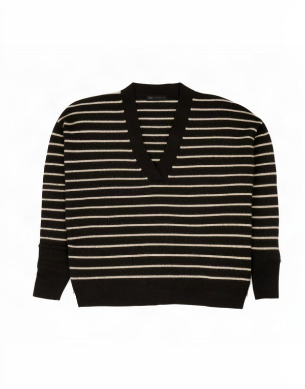 Marks & Spencer Womens V-Neck Jumper Sweater UK 16 Large Black Striped Wool