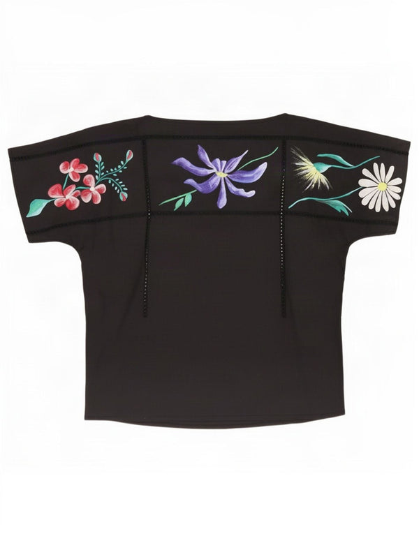 Top camicetta da donna vintage UK 12 medio nero floreale