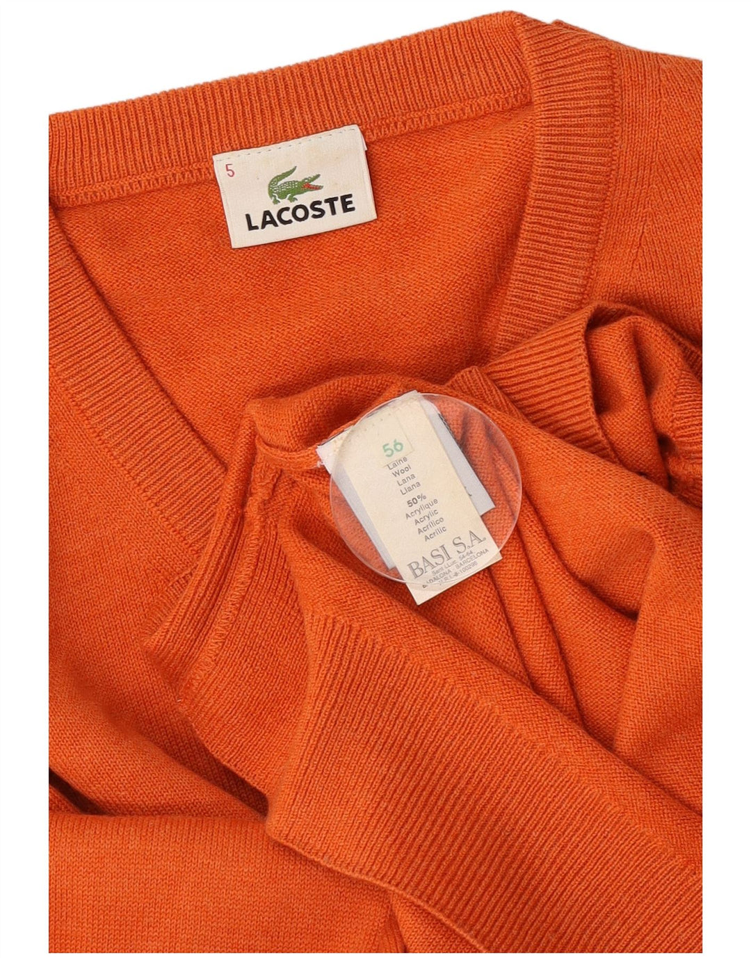 Maglione maglione da uomo con scollo a V Lacoste taglia 6 grande lana arancione