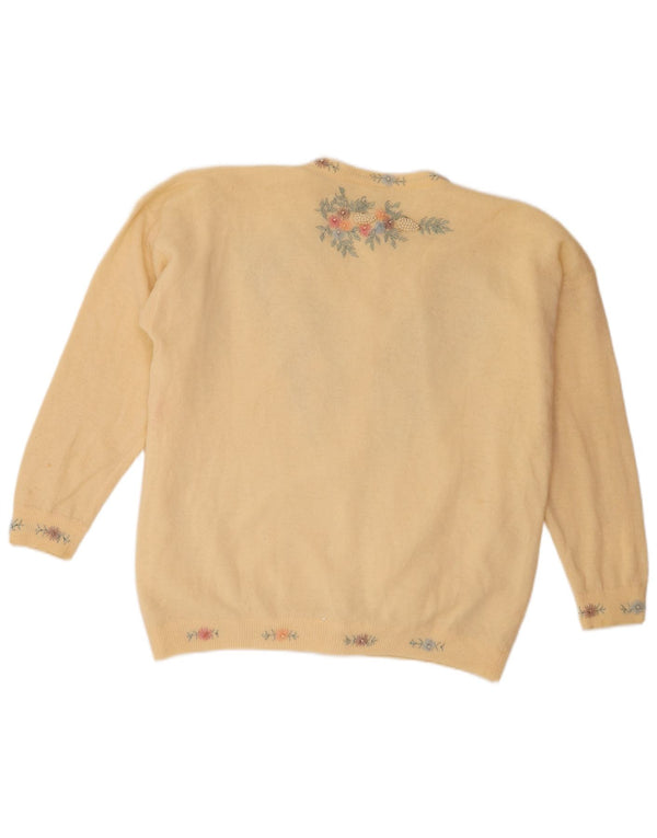 Maglione cardigan da donna vintage UK 14 Lana d'agnello floreale beige medio
