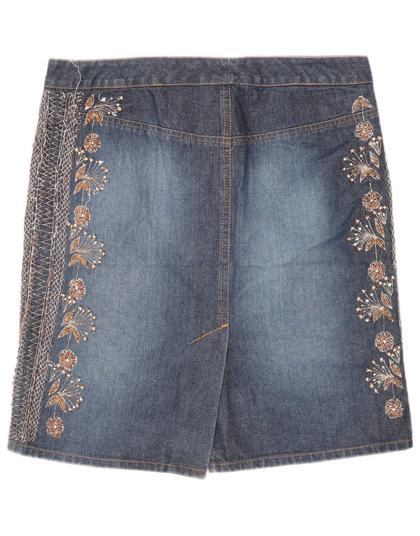 Gonna in denim da donna Warehouse UK 12 media W30 cotone floreale blu