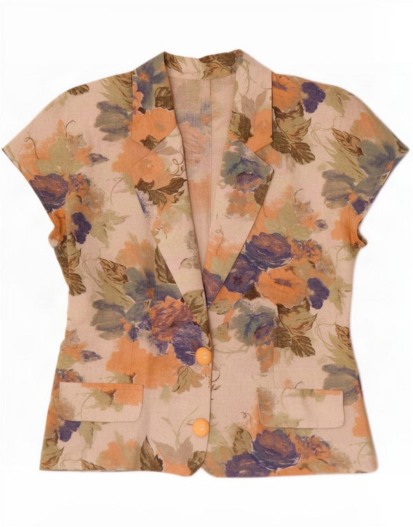 Top cardigan a maniche corte da donna vintage IT 46 grande floreale multicolore