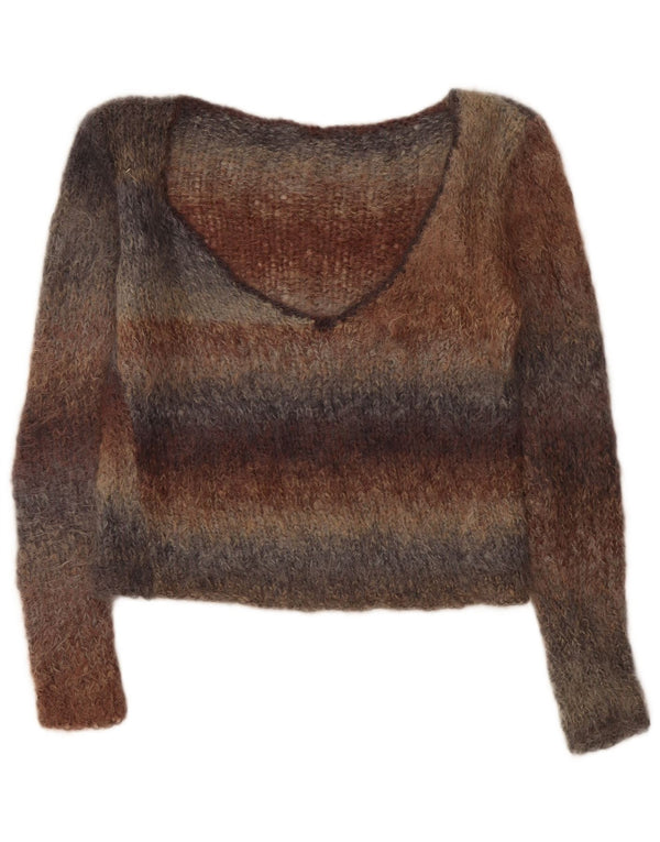 Maglione vintage da donna con scollo a V UK 14 a righe multicolori medie