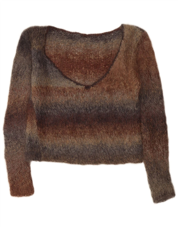 Maglione vintage da donna con scollo a V UK 14 a righe multicolori medie