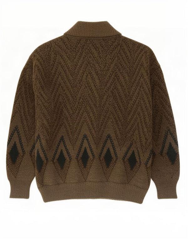 Maglione cardigan da uomo vintage in lana geometrica kaki media