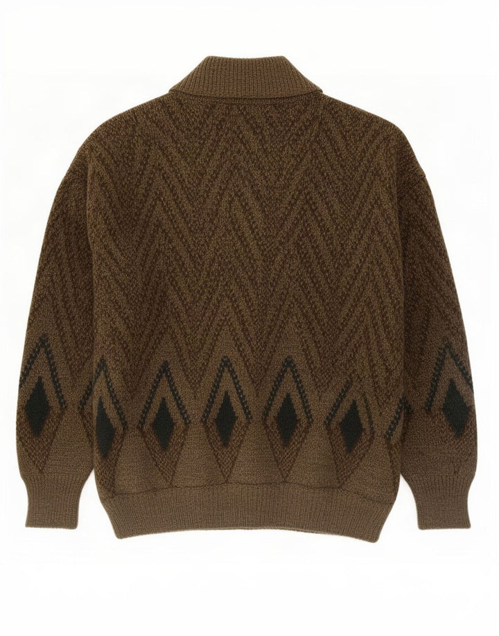 Maglione cardigan da uomo vintage in lana geometrica kaki media