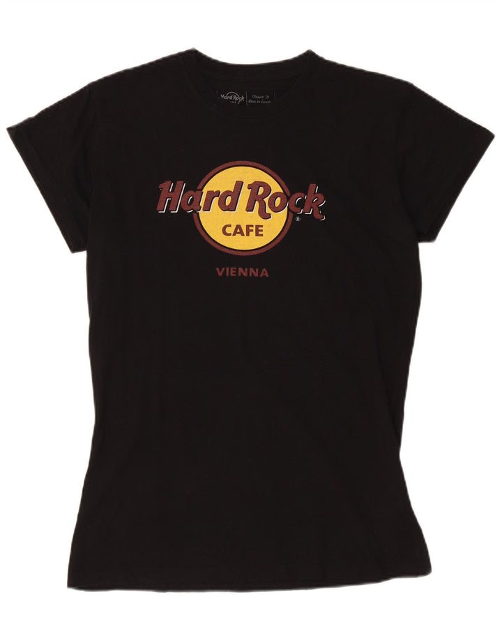 HARD ROCK CAFE T-shirt grafica da donna Vienna Top UK 14 grande cotone nero