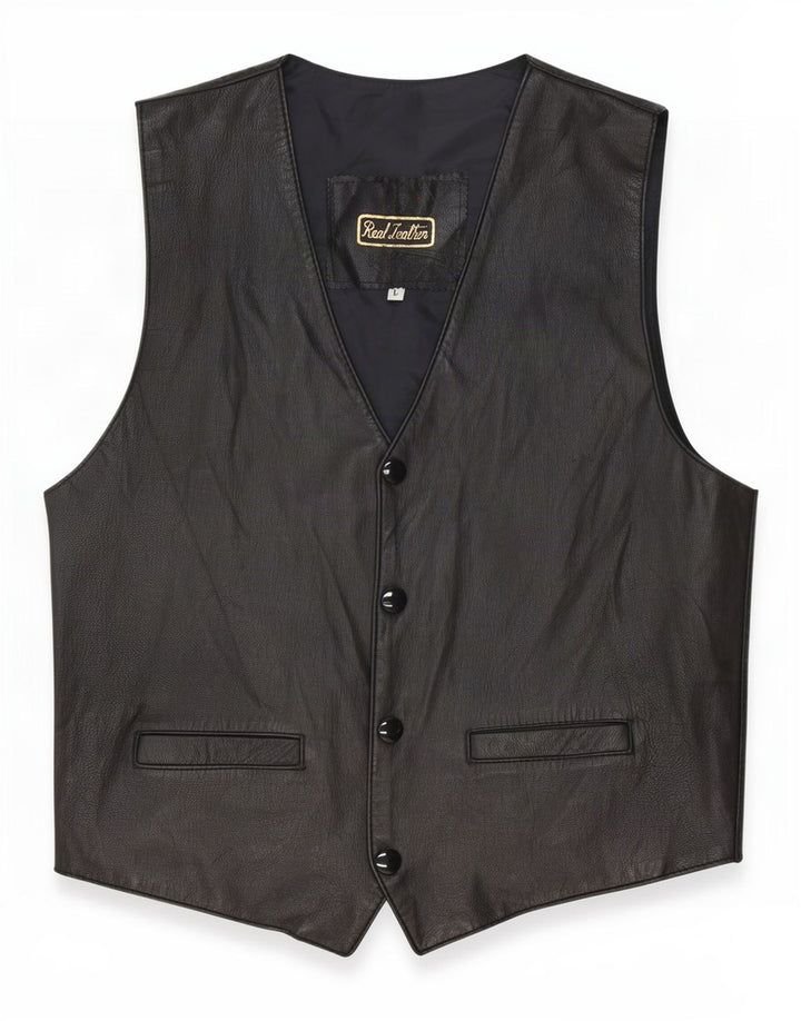 Gilet in pelle vintage da uomo grande nero