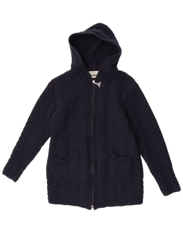 Maglione cardigan con cappuccio da donna Aran Crafts UK 6 XS Lana merino blu navy